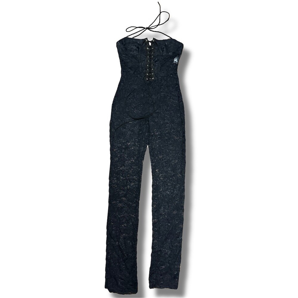 Fashion Nova Jumpsuit Womens S Black Floral Lace Spaghetti Strap Halter